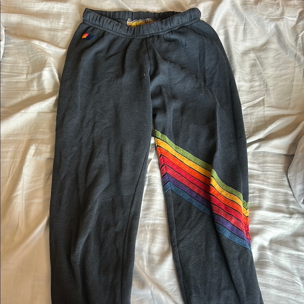 Aviator Nation Black Track Pants with Rainbow Stripes